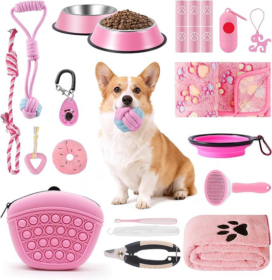 Puppy Supplies Starter Kit – Puppy Essentials and Dog Stuff Set for Small Dogs, Includes Bowls, Toys, Toothbrush, Treat Pouch and More, Welcome Home Gifts for Your New Puppies - Pink