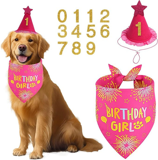 Dog Birthday Decorations Rose Pink, Dog Birthday Party Supplies with Hat Bandana Numbers for Large Medium Girl Pets Puppy