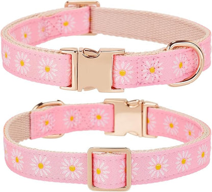 Woven Dog Collar with Metal Buckle Adjustable Jacquard Retro Dog Collars for Small Medium Large Dogs(Pink Daisy,M)