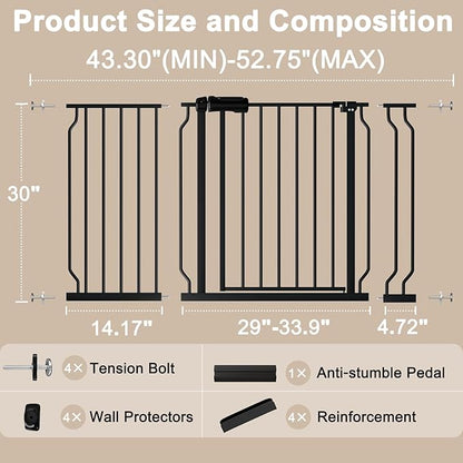 WAOWAO Baby Gate 43.3-52.75" Extra Wide Pressure Mounted Walk Through Swing Auto Close Safety Black Metal Toddler Kids Child Dog Pet Puppy for Stairs,Doorways,Kitchen