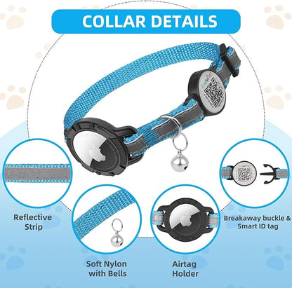 Airtag Cat Collar Breakaway with QR Code Name Tag, Reflective cat Collar airtag Holder with Bell, Cat ID Tag Personalized, Ultra-Durable, Adjustable, Quick Release, Fits Small Large Cats, Blue