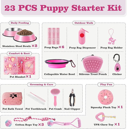 Puppy Supplies Starter Kit – Puppy Essentials and Dog Stuff Set for Small Dogs, Includes Bowls, Toys, Toothbrush, Treat Pouch and More, Welcome Home Gifts for Your New Puppies - Pink