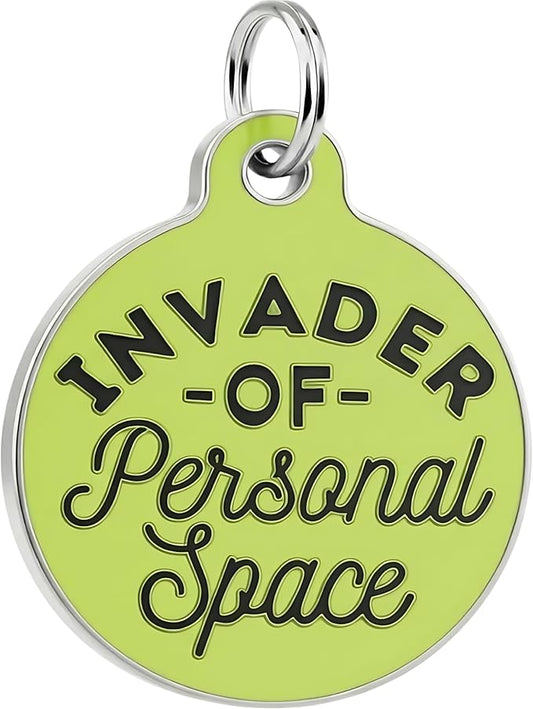 Bad Tags Personalized Dog and Cat ID Tags in 25+ Designs and 2 Sizes - 5 Lines of Custom Engraved Text - Funny Cute Personalized Pet Tags (Invader of Personal Space - Green, Small (1 inch))