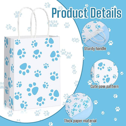 Blulu 20 Pcs Puppy Dog Paw Gift Bags with Paper Twist Handles, Dog Gift Paper Paw Treat Goodie Bags for PET Treat Party Favor, 6.3 x 3.1 x 8.6 Inch(White Backing, Blue Paws)