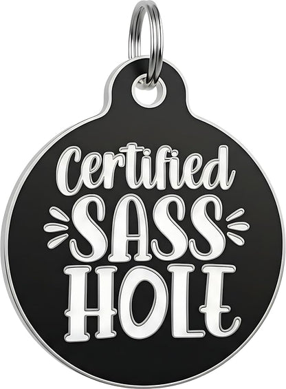 Bad Tags Personalized Dog and Cat ID Tags in 25+ Designs and 2 Sizes - 5 Lines of Custom Engraved Text - Funny Cute Personalized Pet Tags (Certified Sass Hole, Large (1.25 inch))
