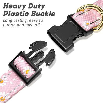 Reflective Dog Collar for Medium Dogs, Cute Daisy Theme Adjustable Heavy-Duty Nylon Puppy Collar for Boy and Girl Female, Soft Pet Accessories with Quick Release Buckle, Neck 14-20", Pink