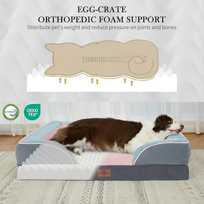 Comfort Expression Orthopedic Dog Bed for Large Dogs 36x27 Inch, Waterproof Egg Crate Foam Large Pet Bed with Removable Bolsters, Dog Couch with Washable Cover & Non-Slip Bottom, Cherry Blossom