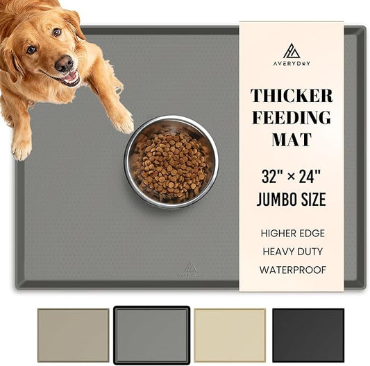 AVERYDAY 100% Waterproof Thicker Silicone Dog Food Mat, 0.63'' Raised Edge Bowl Mat for Food & Water, Non Slip Pet Feeding Placemat for Messy Drinkers, Perfect for Large Medium Small Breeds, 32"x24"