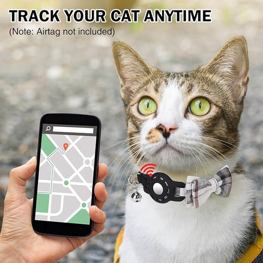 Airtag Cat Collar with Bells and Bowtie -Safety Elastic Band Kitten Collar for Apple Air Tag Holder- Cute GPS Cat Tracker Collars for Girl Boy Cats and Puppies, Adjustable 8"-12" Beige