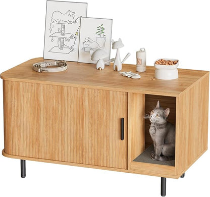 Cat Litter Box Enclosure with Cat Scratch Pad, Sliding Door, 37.4" Litter Box Enclosure Furniture Hidden Litter Box, Modern Indoor Cat House, TV Stand, Side End Table for Living Room, Natural