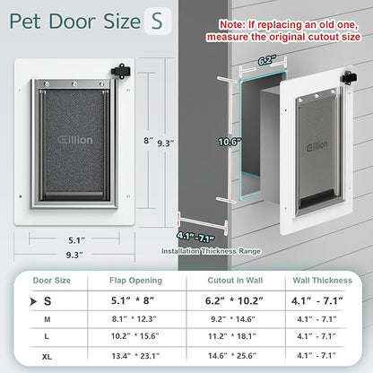 Cat Door for Wall Dog Door for Wall Exterior, 3-Flap Small Pet Door for Walls, All-Metal Frame and Telescoping Tunnel, Pets Up to 15 Lb (Small Size)