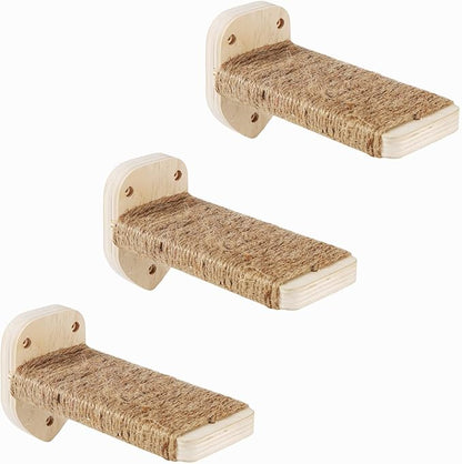 3-in-1 Cat Climbing Wall Steps with Hemp Rope, Shelves and Perches, Scratching Pads for Cats Playing and Climbing (Wood)