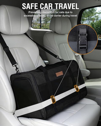 PETUX Large Pet Carrier for Large Cats ＆ Small Dogs - Up to 20Lb, Top and Side Entry, 4 Side Breathable, Foldable Soft Cat Travel Carrier with Safety Car Seat Buckle and Anti-Scratch Mesh - Black