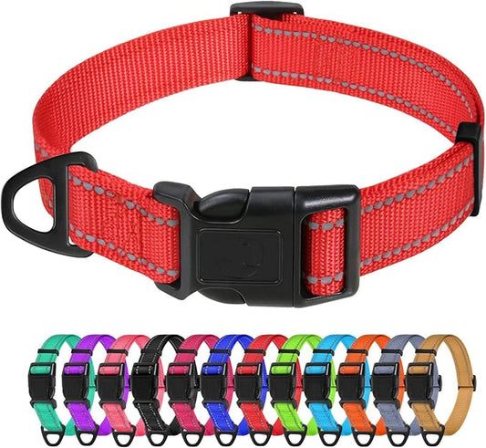TagME Reflective Nylon Dog Collars, Adjustable Classic Pet Collar with Quick Release Buckle for Small Dogs, Red, 3/4" Width