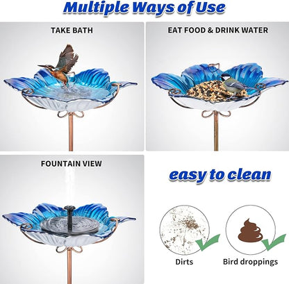 MUMTOP Bird Baths for Outdoors Glass Bird Bath Bowl Outdoor Bird Feeder Flower Pattern with Metal Stake for Garden, Yard and Lawn Decor(Blue)