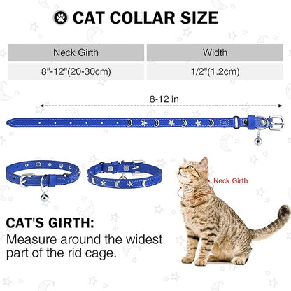 Leather Cat Collars for Boy Girl Cats with Bell and Safety Elastic Belt, Personalized Star and Moon Stud Adjustable Safe Buckle Collar for Kitty Small Big Cats Size 7-9 Inch, Blue