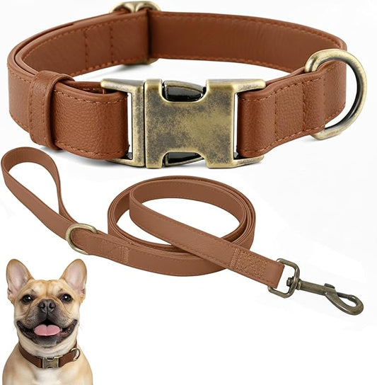 Dog Collar and Leash Set,Leather Silicone Waterproof Odor-Proof Dog Collar and Leash for Small Dogs, Soft Flexible Dog Collars, Durable Thick Adjustable Pet Collar (Brown, Small (9-14" Neck))