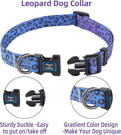 Roses&Poetry Small Dog Collar, Cute Leopard Style Adjustable Reflective Puppy Collars Durable Pet Collars for Small Medium Large Dogs(Violet-Leopard S)