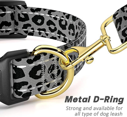Reflective Dog Collar for Large Dogs, Cute Leopard Style Adjustable Heavy-Duty Nylon Puppy Collar for Boy and Girl Female, Soft Pet Accessories with Quick Release Buckle, Gray