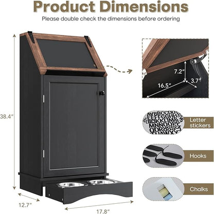 Flip-Top Dog Feeding Station, Dog Food Cabinet with Storage, Dog Food Station with Hidden Feeding Bowls, Pet Storage Cabinet, Dog Storage Organizer, Pet Food Holder, Black Oak Grain
