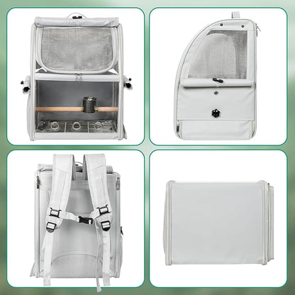 Bird Carrier Bag, Bird Travel Cage with Standing Perch and Indestructible Stainless Steel Mesh, Protable Transparent Breathable Carrier with Feeder Cups for Small Birds Parrot Parakeet, Grey