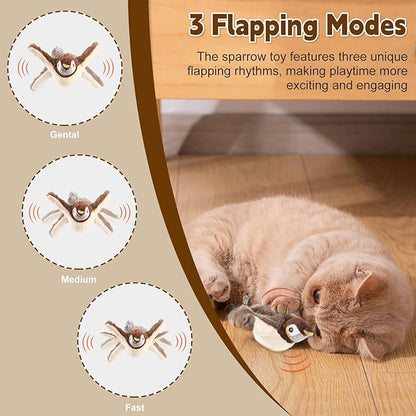 Chirping Bird Cat Toy - Interactive Flapping Bird Cat Toy for Indoor Cats, Simulated Rechargeable Flappy Sparrow with Catnip Pouch