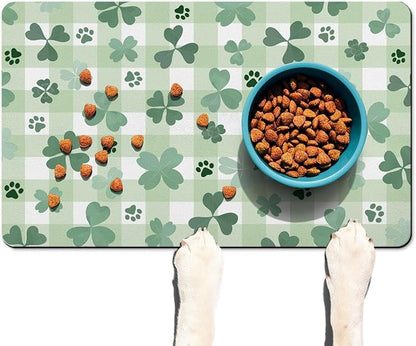 St Patricks Day Dog Food & Water Mat, Green Shamrocks Paw Prints Clover Pet Feeding Mat for Floor Non-Slip Waterproof, Super Absorbent Cat Bowl Mat, Easy to Clean Pet Placemat,12" × 20"