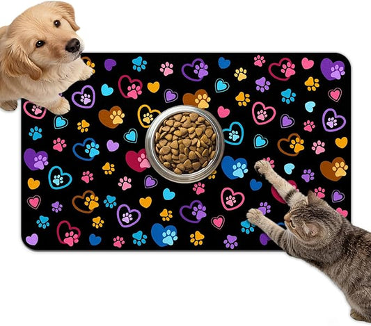 Dog Food Mat for Bowls, Absorbent Quick Dry Dog Cat Mats for Food and Water, Non-Slip Backing Pet Mat Pet Supplies - Paw Pattern