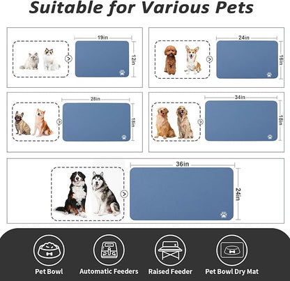 Dog Food Mat - Absorbent Cat Mat for Food and Water, No Stains Pet Feeding Bowl Mat, Easy to Clean Pet Placemats, Quick Dry Dog Water Dispenser Mat for Messy Drinkers | Paw Blue 24"x36"