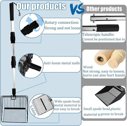 Large Chicken Poop Scooper, 3 in 1 Adjustable Long Handle Chicken Scooper for Poop (22-42inch) Heavy Duty Metal Chicken Poop Scooper Metal Litter Scoop, Chicken Coop Accessories