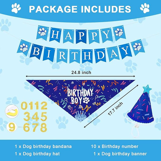 Dog Birthday Party Decorations, Adjustable Dog Bandana Set with Hat, Numbers, Banner for Pet Party Supplies Festive Accessories Large Medium Small Pet Puppy Dogs, Blue