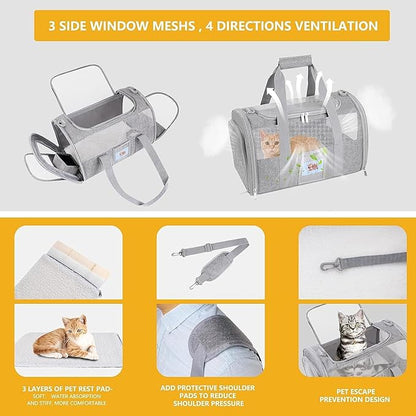 Airline Approved Cat Carrier, Soft-Sided Pet Travel Carrier for Cats and Small Dogs up to 15lbs, TSA Approved Under Seat Carrier with Collapsible Bowl, Grey