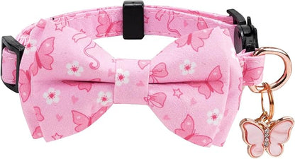 2 Pack Cotton Cat Collar with Bow Tie and Bell for Girl Boy Cats,Cute Pink Flamingo and Blue Whale Pattern Spring Summer Breakaway Cat Collar for Male Female Cats (Butterfly&Violet)