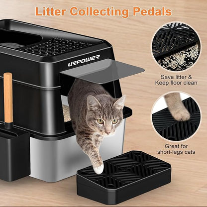 XXXXL Stainless Steel Cat Litter Box with Lid 110° Flip-Top Extra Large Enclosed Litter Box Non-Sticky Metal Pan with High Sided & Scoop, Front & Top Entry, Anti-Leakage, Easy Cleaning, 28"x20.5"x20"