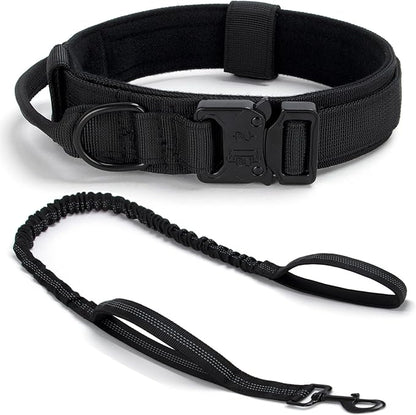 Tactical Dog Collar Set, Adjustable Military Training Nylon Dog Collar with Control Handle and Heavy Quick-Release Metal Buckle for Small Medium Large Dogs, Black Set L