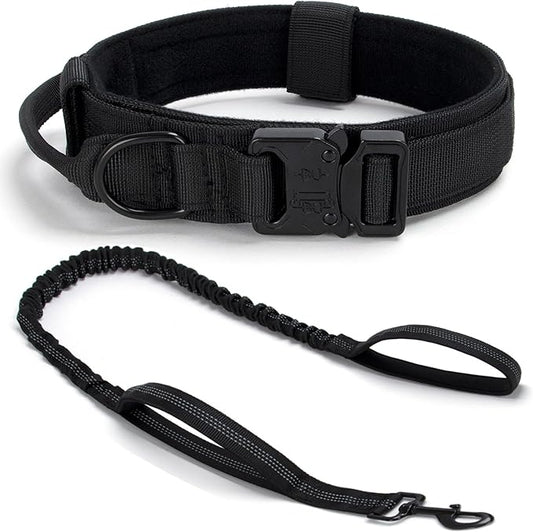 Tactical Dog Collar Set, Adjustable Military Training Nylon Dog Collar with Control Handle and Heavy Quick-Release Metal Buckle for Small Medium Large Dogs, Black Set XL