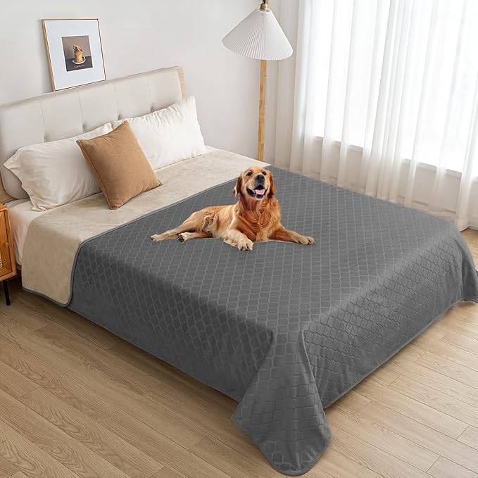 fuguitex Waterproof Dog Blanket Bed Cover Dog Crystal Velvet Moroccan Fuzzy Cozy Plush Pet Blanket Throw Blanket for Couch Sofa(52 * 82 inch, Dark Grey+Beige)