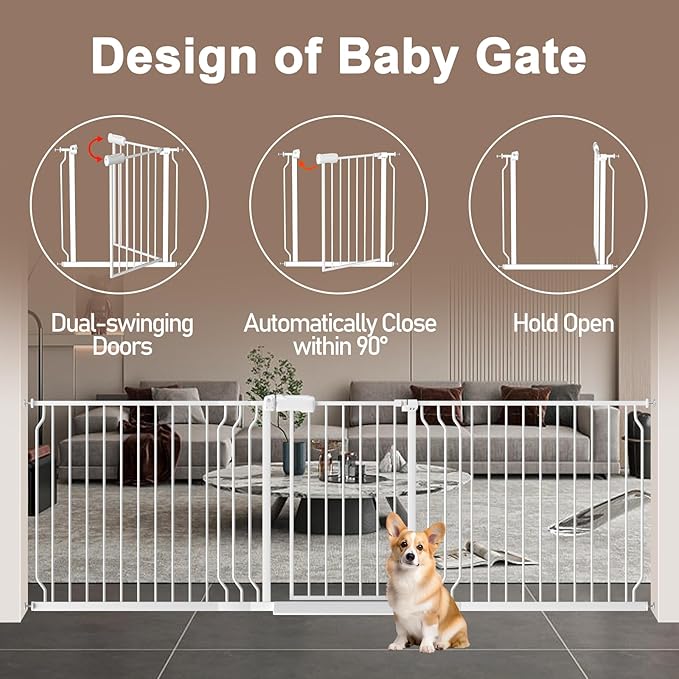 WAOWAO Baby Gate 29.13-43.3" Extra Wide Pressure Mounted Walk Through Swing Auto Close Safety White Metal Toddler Kids Child Dog Pet Puppy for Stairs,Doorways,Kitchen
