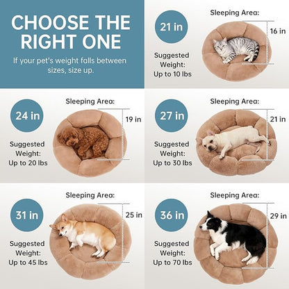 OhGeni 20 inches Calming Donut Dog & Cat Bed for Small Pets, Warming Comfort Fluffy Short Pile Fur, Durable Machine Washable, Cute Round Bed for Puppy and Kitten, Camel