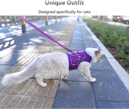 Kitty Harness and Leash for Walking Escape Proof Breathable Mesh Fabric, Purple, Small, Adjustable Cat Walking Jackets with DIY Beads, Padded Stylish Cat Vest