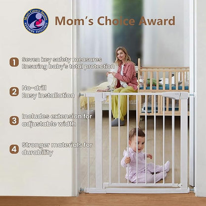 Mumeasy 29.6-46" Baby Gate for Stairs, Pressure Mounted Dog Gate for Doorways, Auto Close Pet Gate for Indoor Use, Extra Wide Child Gate with Walk Thru Door White, Mom's Choice Awards Winner