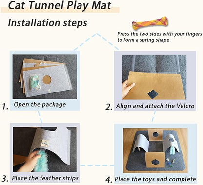 Cat Toys Tunnel for Indoor Cats,4-Way Felt Cat Tunnel Play Mat with Feathers & Bell 6 Pcs Interactive Cats Enrichment Toys Set Foldable Kittens Cave Hideout for Pet Hide & Seek