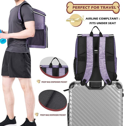 BAGLHER丨Dog Travel Bag Backpack, Airline Approved Pet Supplies Backpack, Dog Travel Bag with 2 Silicone Collapsible Bowls and 2 Food Baskets Purple