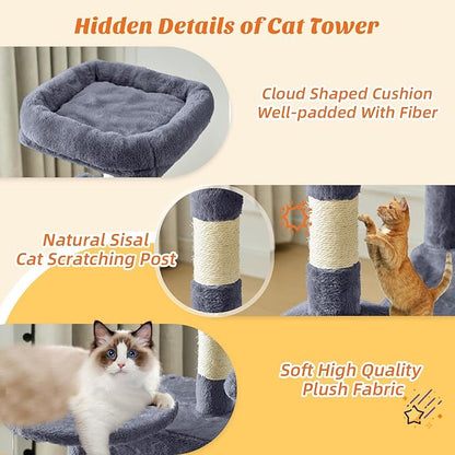 Cat Tree Tower 44 Inch, Small Cat Tower with Condo, Hammock, Sisal Scratching Posts, Extended Perch, Pet Play House for Indoor Kittens and Cats, Grey