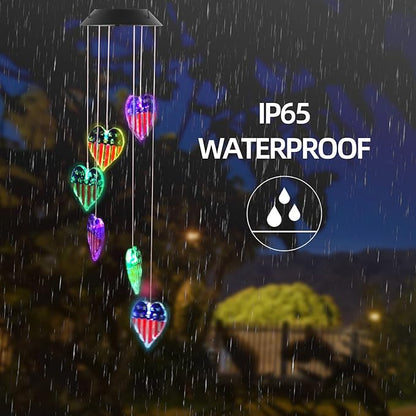 American Flag Solar Wind Chimes, Heart-Shaped Love Patriotic Wind Chime Color Changing Solar Lights for Garden Patio Home Decor