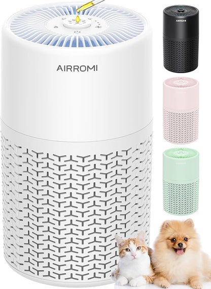 AIRROMI Pets Air Purifier for Home Allergies,Up to 660 ft². HEPA Deodorizing Activated Carbon Filter,With Fragrance Sponge for Better Sleep,Night Light,Pet Dander,Smoke,Odors,Air Cleaner A2002 White