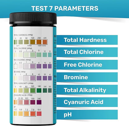 Pool Test Strips 7-in-1, 200 Quick and Accurate Pool and Hot Tub Test Strips - Pool Water Testing Kit for Chlorine, Bromine, pH, Hardness, More - All in 1 Swimming Pool Test Strips by JNW