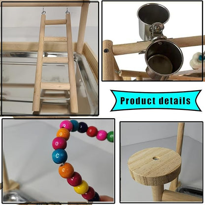 Parrots Playground, Bird Play Gym Wood Perch Stand Colours Revolving Climb Ladders Swing Chewing Toys with Parakeet Feeding Cups Exercise Activity Center for Conure Cockatiel Lovebirds(Include a Tray)