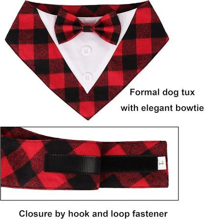ADOGGYGO Christmas Dog Tuxedo Bandana, Red Plaid Xmas Pet Bowtie Collar, Adjustable Christmas Costumes for Large Dogs (L)