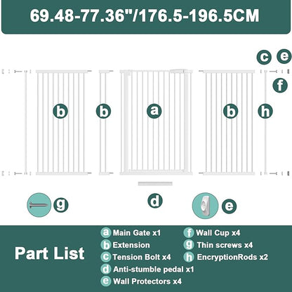 40.55" Tall, 69.48-77.36 Inch Wide, 1.37" Ultra Narrow Spacing Dog Pet Baby Gate Indoor for Doorway Hallway, Pressure Mounted 70 71 72 73 74 75 76 77 Inches Wide